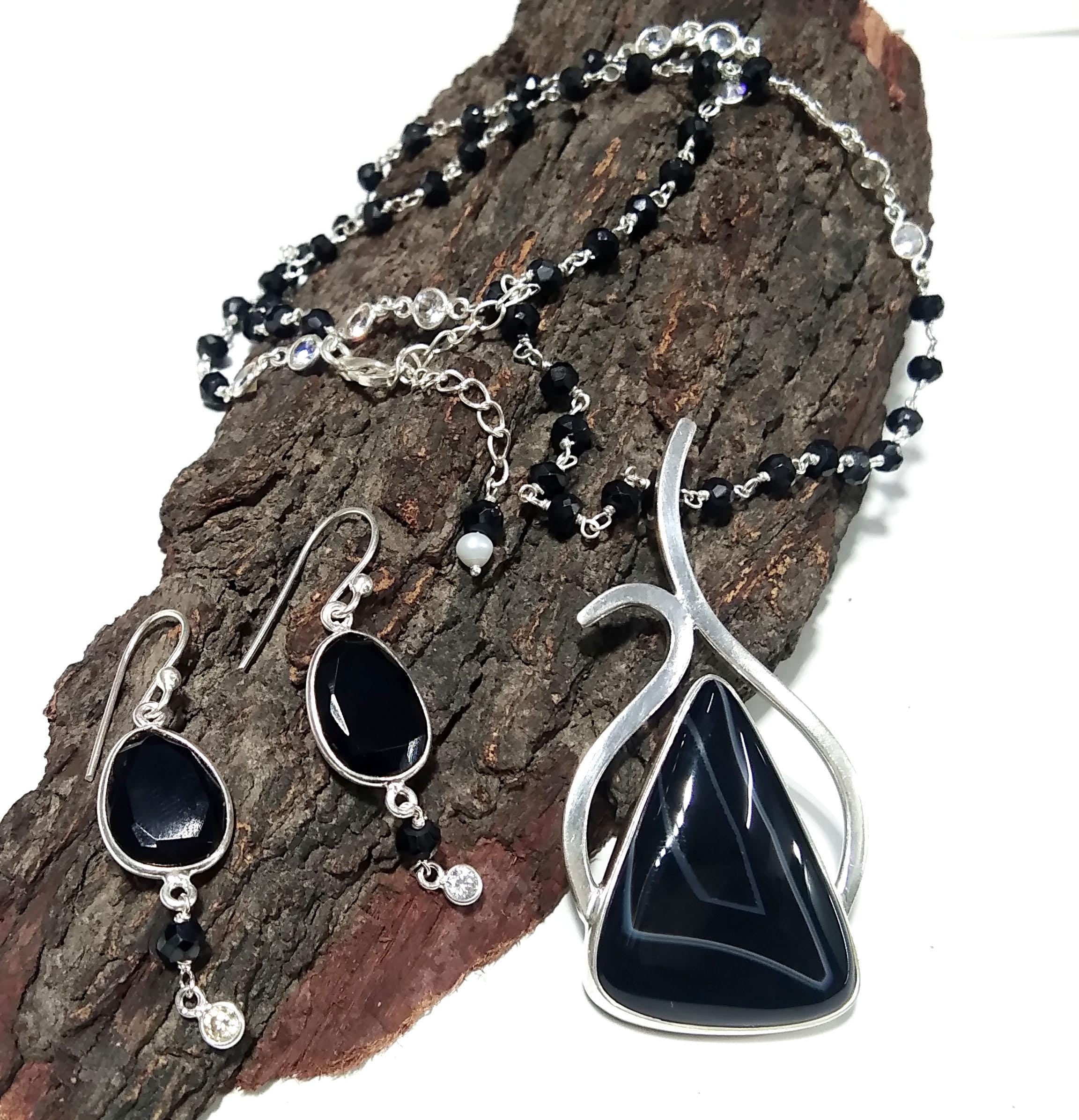 Black Banded Agate Necklace & Earring Set, Solid 925 Sterling Silver Necklace, Beautiful Design Necklace Jewelry Gift Birthstone